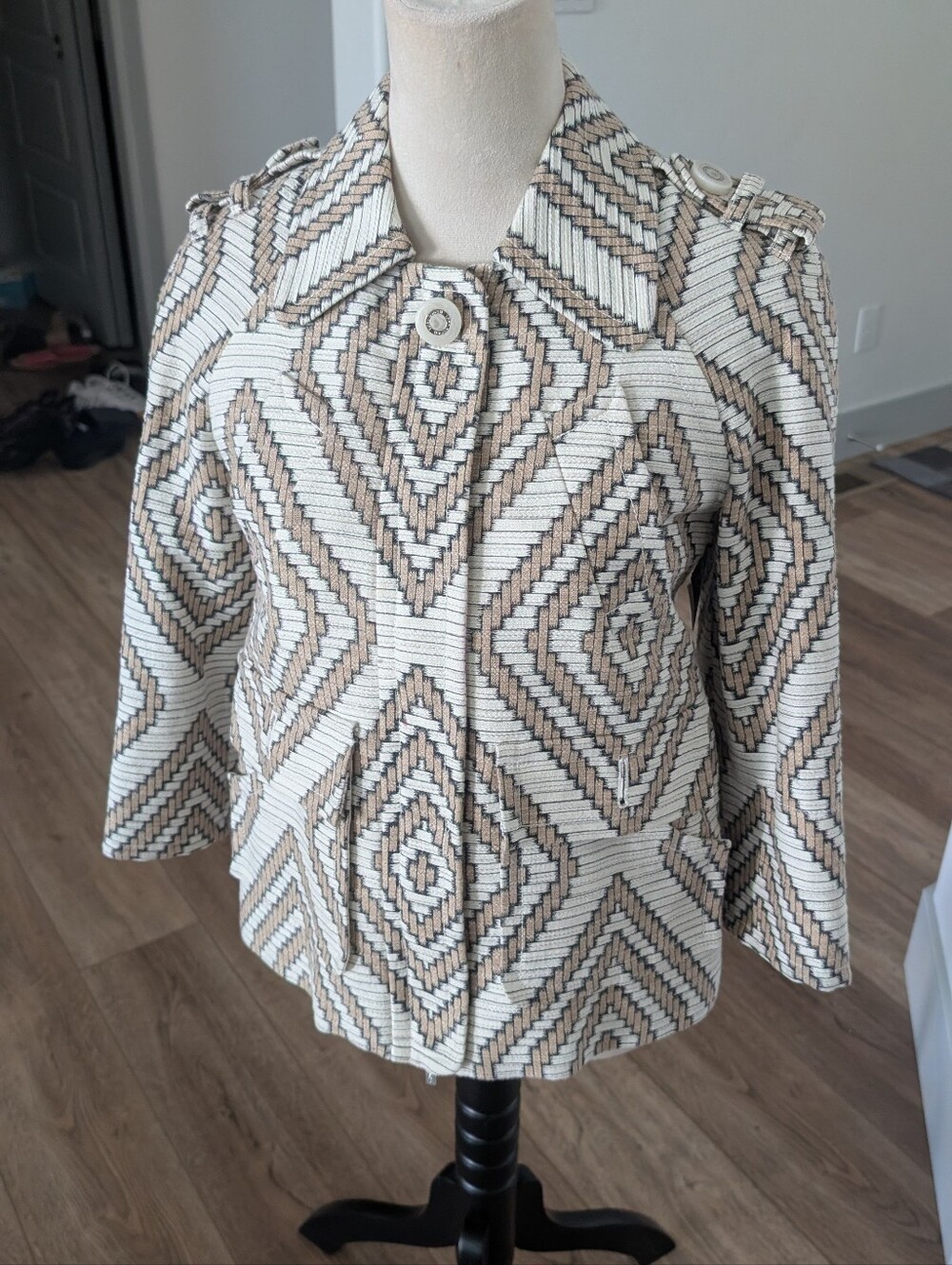 Tory Burch Cream and Tan Geometric Pea Coat
